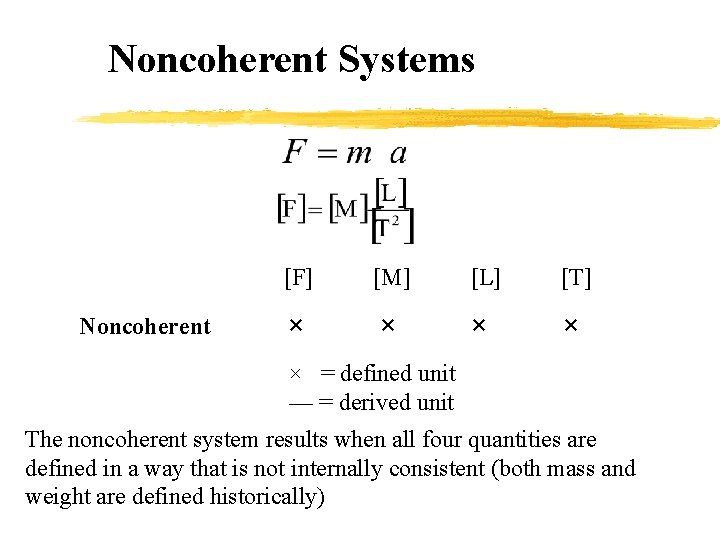 Noncoherent Systems Noncoherent [F] [M] [L] [T] × × × = defined unit —