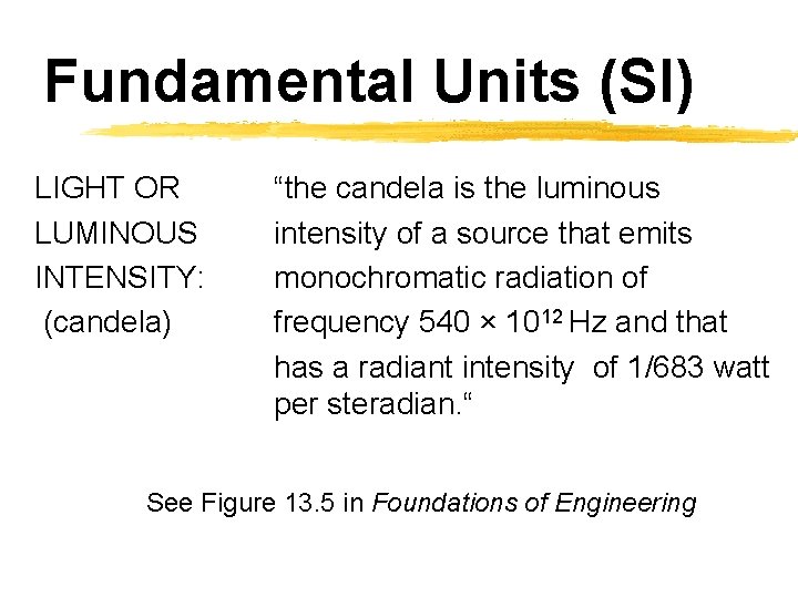 Fundamental Units (SI) LIGHT OR LUMINOUS INTENSITY: (candela) “the candela is the luminous intensity
