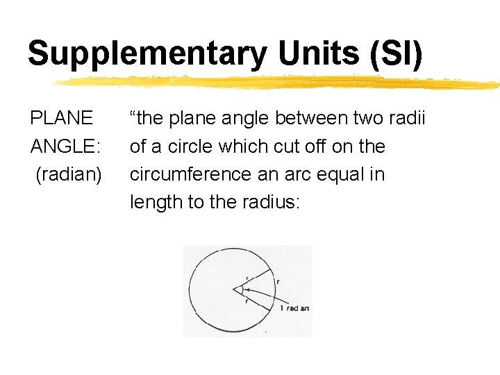 Supplementary Units (SI) PLANE ANGLE: (radian) “the plane angle between two radii of a