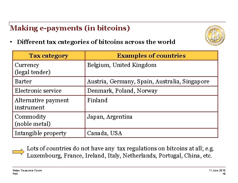 Making e-payments (in bitcoins) • Different tax categories of bitcoins across the world Tax