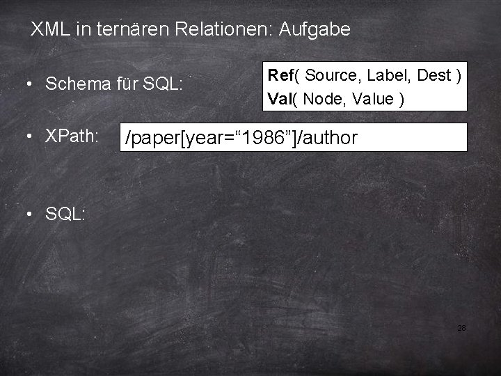 XML in ternären Relationen: Aufgabe • Schema für SQL: • XPath: Ref( Source, Label,