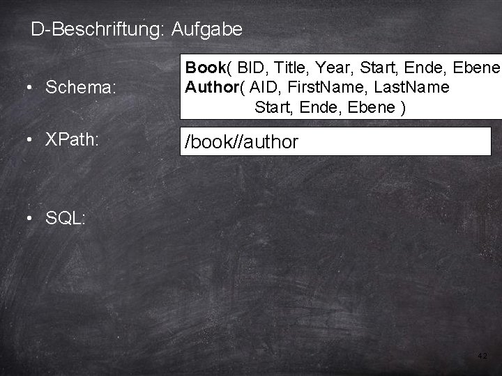 D-Beschriftung: Aufgabe • Schema: Book( BID, Title, Year, Start, Ende, Ebene Author( AID, First.