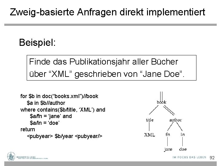 Zweig-basierte Anfragen direkt implementiert Beispiel: Finde das Publikationsjahr aller Bücher über “XML” geschrieben von