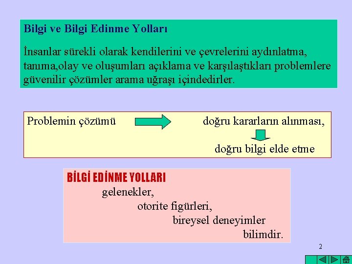 Bilgi ve Bilgi Edinme Yolları İnsanlar sürekli olarak kendilerini ve çevrelerini aydınlatma, tanıma, olay