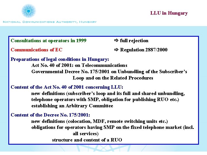 LLU in Hungary Consultations at operators in 1999 full rejection Communications of EC Regulation
