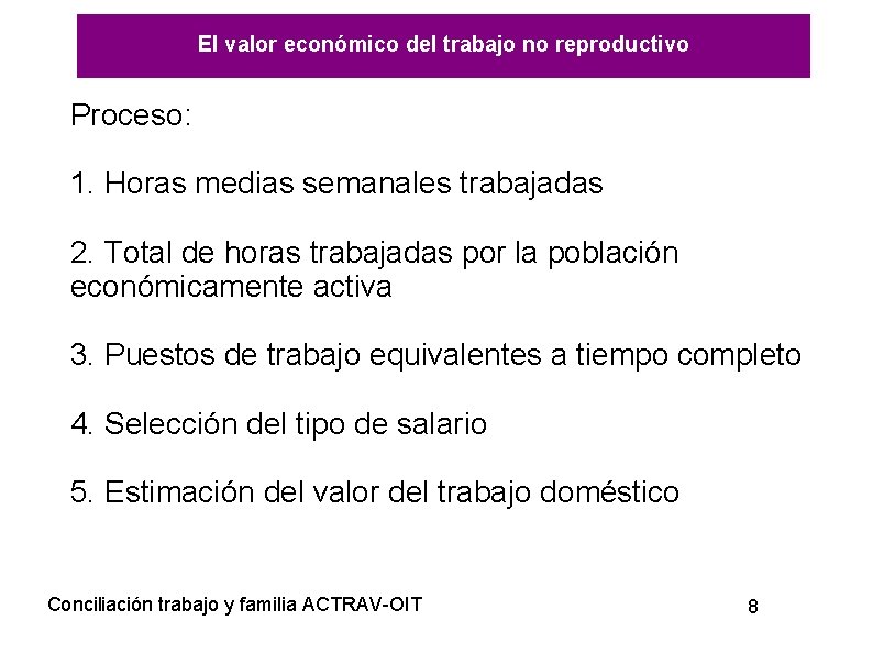 El valor económico del trabajo no reproductivo Proceso: 1. Horas medias semanales trabajadas 2.