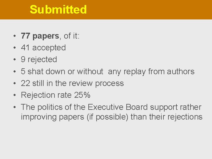 Submitted • • 77 papers, of it: 41 accepted 9 rejected 5 shat down