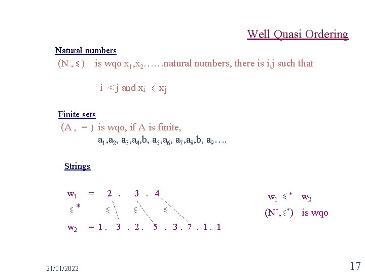 Well Quasi Ordering Natural numbers (N , ) is wqo x 1, x 2……natural