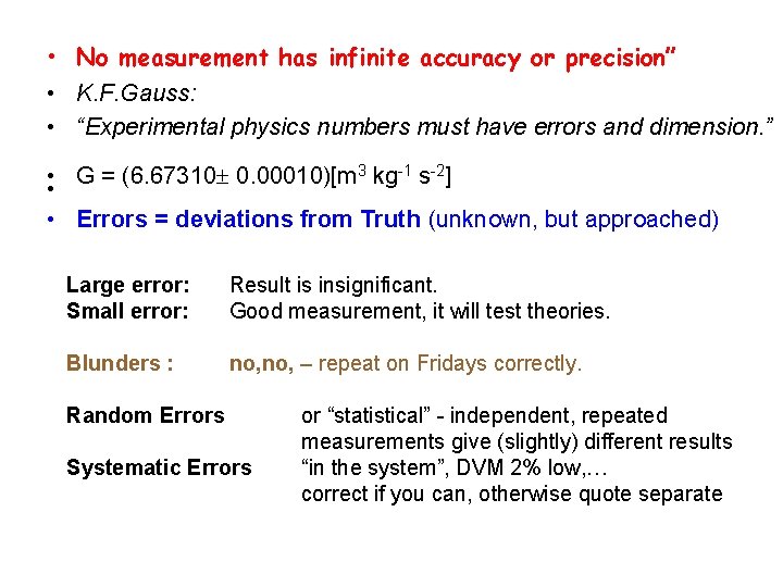  • No measurement has infinite accuracy or precision” • K. F. Gauss: •