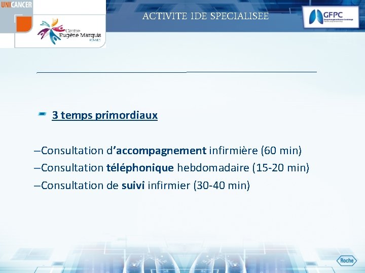 ACTIVITE IDE SPECIALISEE 3 temps primordiaux –Consultation d’accompagnement infirmière (60 min) –Consultation téléphonique hebdomadaire