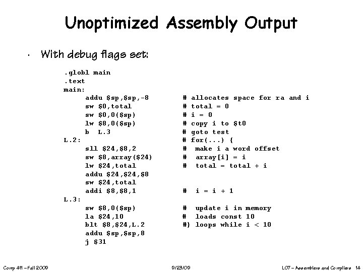 Unoptimized Assembly Output ∙ With debug flags set: . globl main. text main: addu