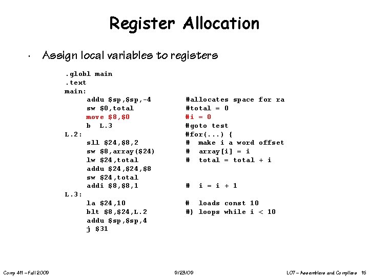 Register Allocation ∙ Assign local variables to registers. globl main. text main: addu $sp,