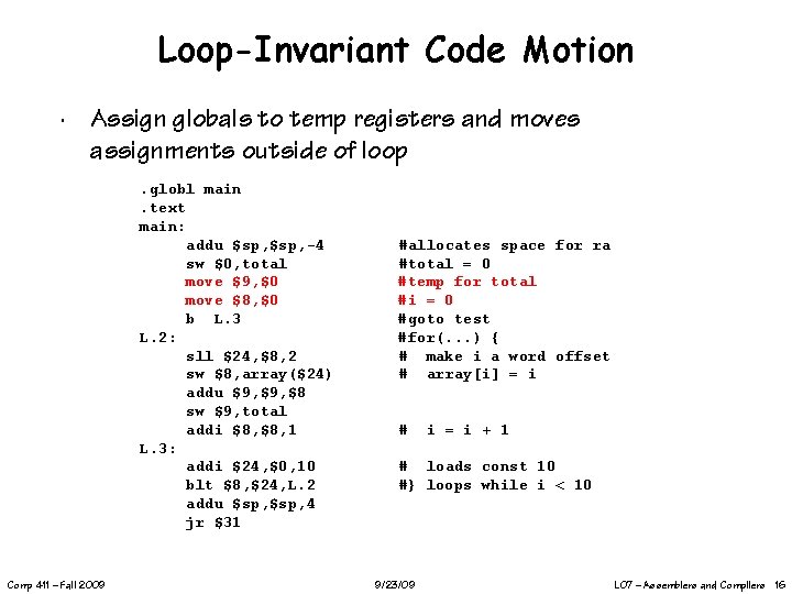 Loop-Invariant Code Motion ∙ Assign globals to temp registers and moves assignments outside of