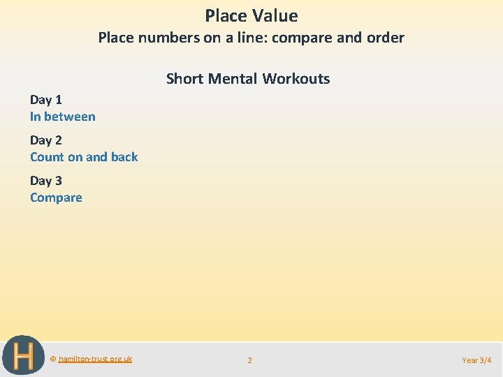 Place Value Place numbers on a line: compare and order Short Mental Workouts Day