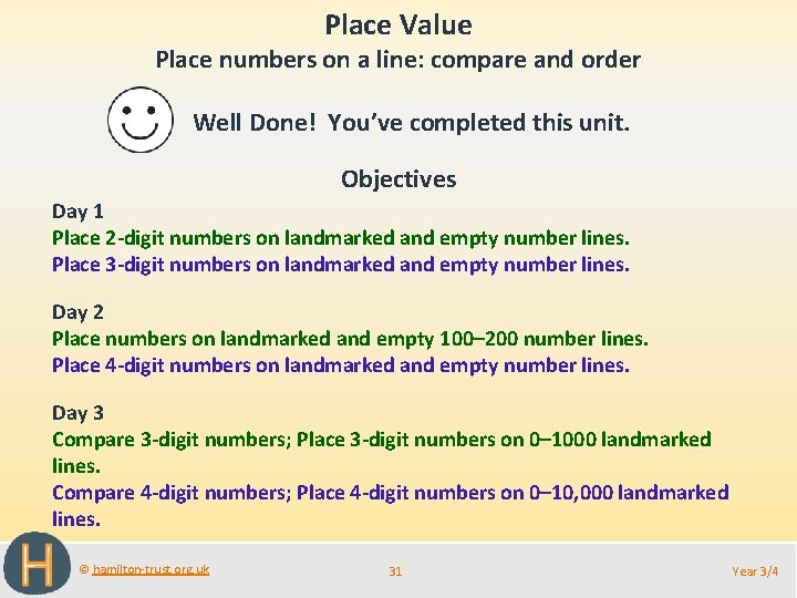 Place Value Place numbers on a line: compare and order Well Done! You’ve completed