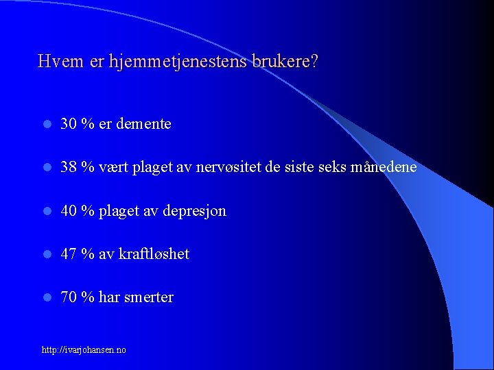 Hvem er hjemmetjenestens brukere? l 30 % er demente l 38 % vært plaget