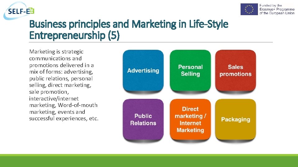 Business principles and Marketing in Life-Style Entrepreneurship (5) Marketing is strategic communications and promotions