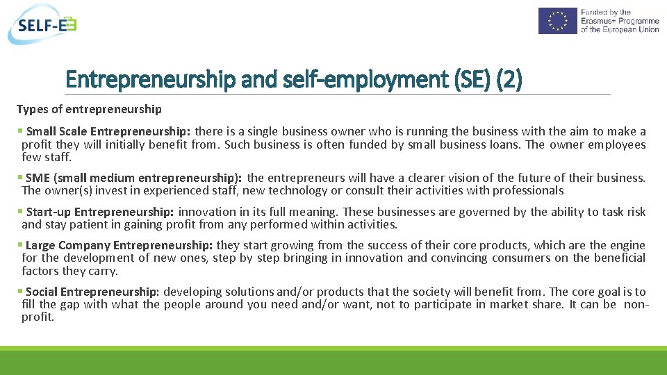 Entrepreneurship and self-employment (SE) (2) Types of entrepreneurship Small Scale Entrepreneurship: there is a