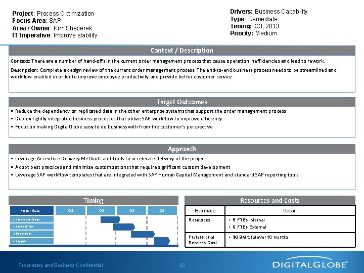 Drivers: Business Capability Type: Remediate Timing: Q 3, 2013 Priority: Medium Project: Process Optimization