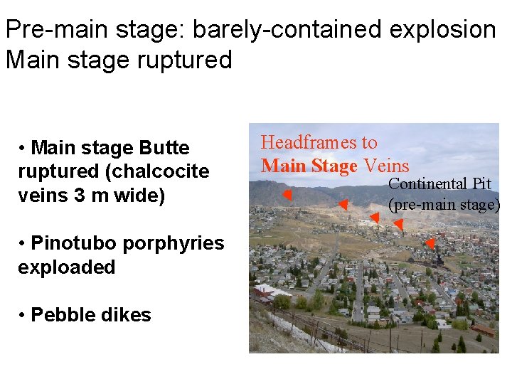 Pre-main stage: barely-contained explosion Main stage ruptured • Main stage Butte ruptured (chalcocite veins