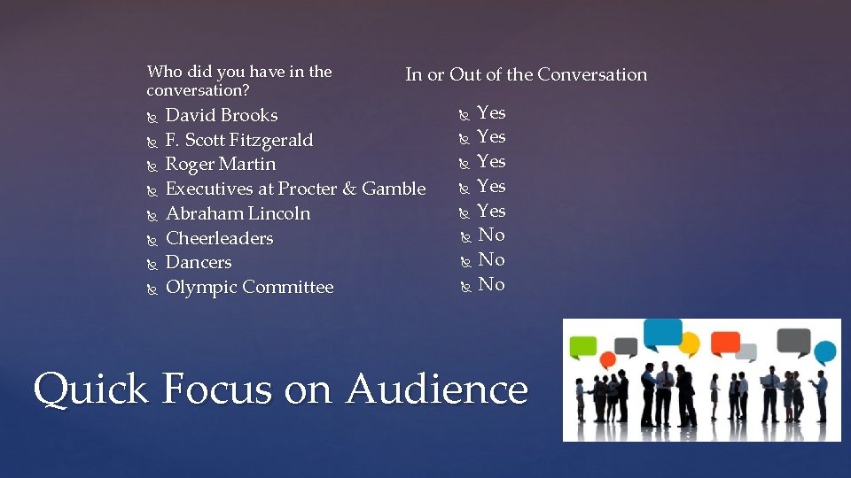 Who did you have in the conversation? In or Out of the Conversation David