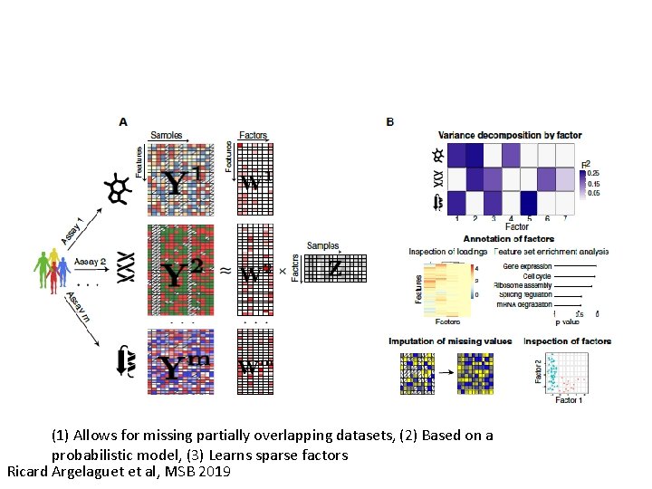 (1) Allows for missing partially overlapping datasets, (2) Based on a probabilistic model, (3)