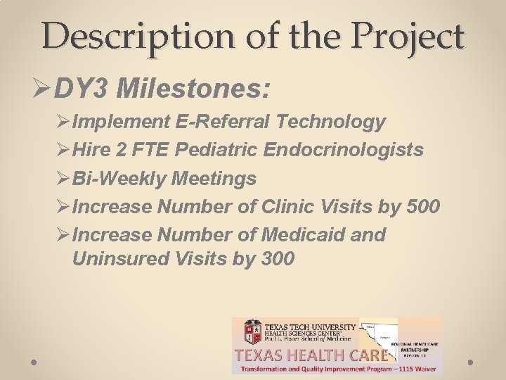 Description of the Project ØDY 3 Milestones: ØImplement E-Referral Technology ØHire 2 FTE Pediatric
