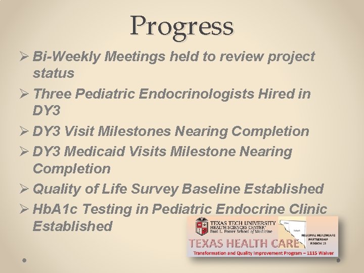 Progress Ø Bi-Weekly Meetings held to review project status Ø Three Pediatric Endocrinologists Hired