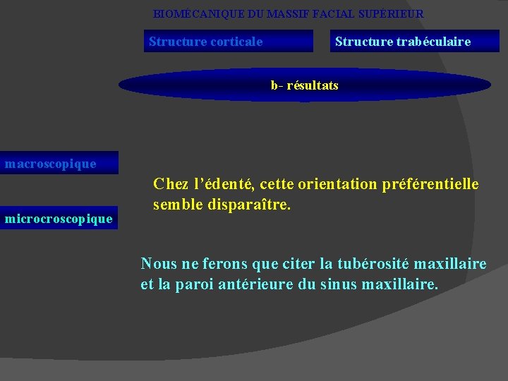 BIOMÉCANIQUE DU MASSIF FACIAL SUPÉRIEUR Structure corticale Structure trabéculaire b- résultats macroscopique microcroscopique Chez