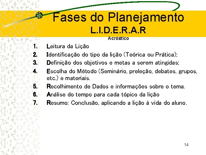 Fases do Planejamento L. I. D. E. R. A. R Acróstico 1. 2. 3.