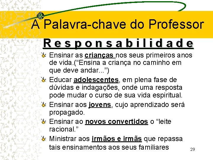 A Palavra-chave do Professor Responsabilidade Ensinar as crianças nos seus primeiros anos de vida.