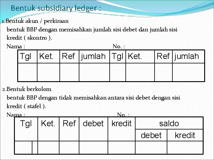 Bentuk subsidiary ledger : 1. Bentuk akun / perkiraan bentuk BBP dengan memisahkan jumlah