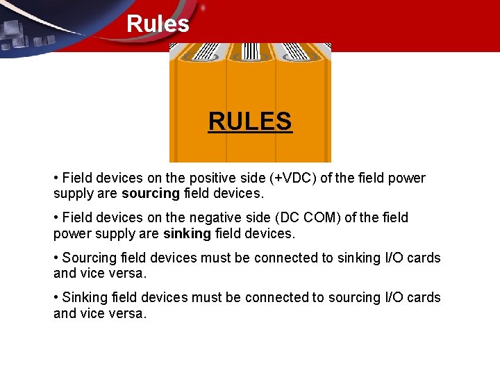 Rules RULES • Field devices on the positive side (+VDC) of the field power
