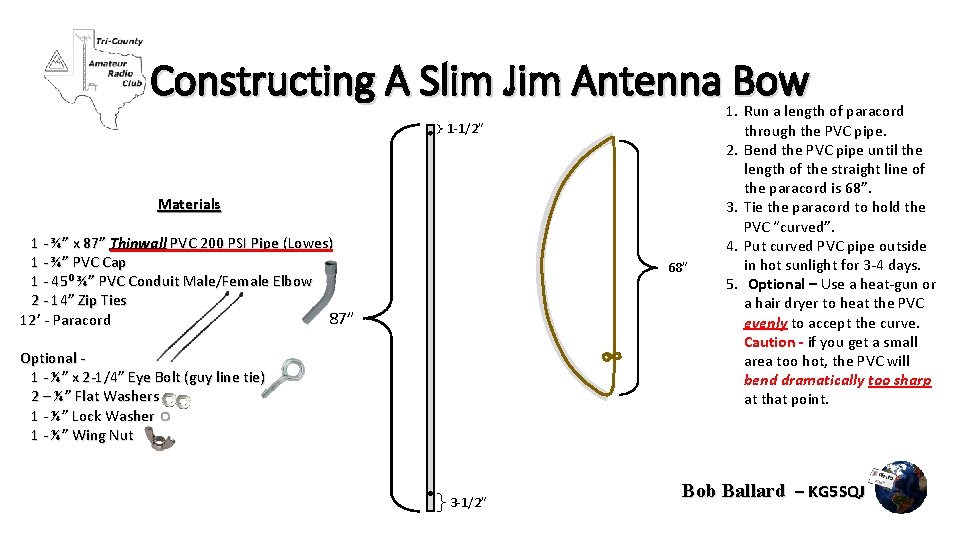 Constructing A Slim Jim Antenna Bow 1 -1/2” Materials 1 - ¾” x 87”
