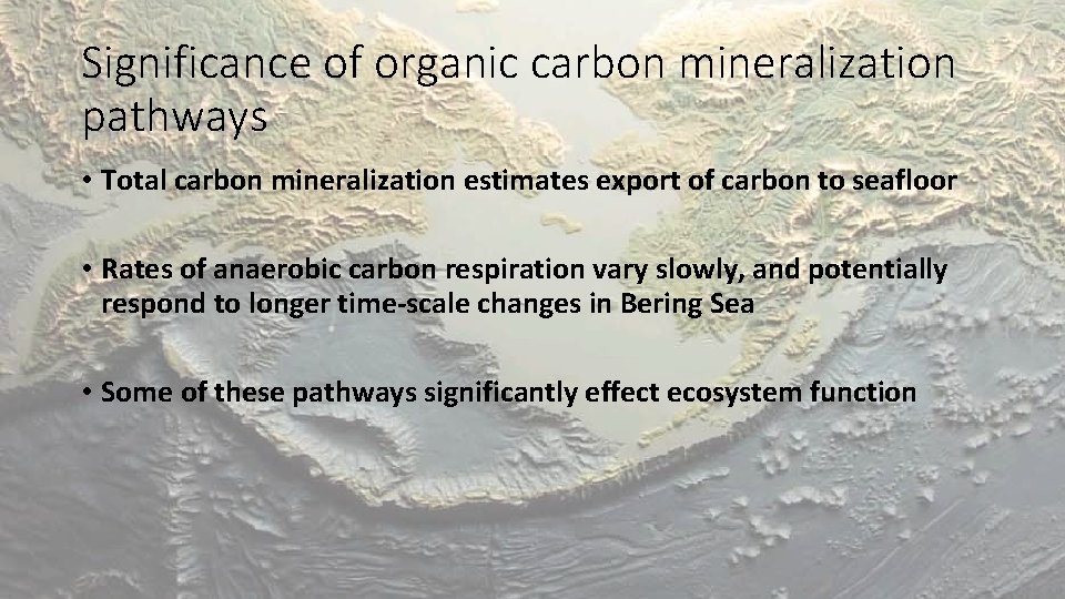 Significance of organic carbon mineralization pathways • Total carbon mineralization estimates export of carbon