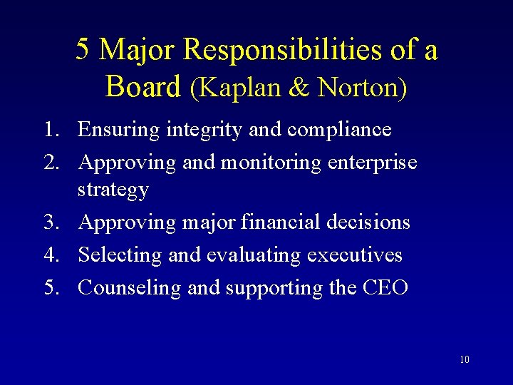 5 Major Responsibilities of a Board (Kaplan & Norton) 1. Ensuring integrity and compliance