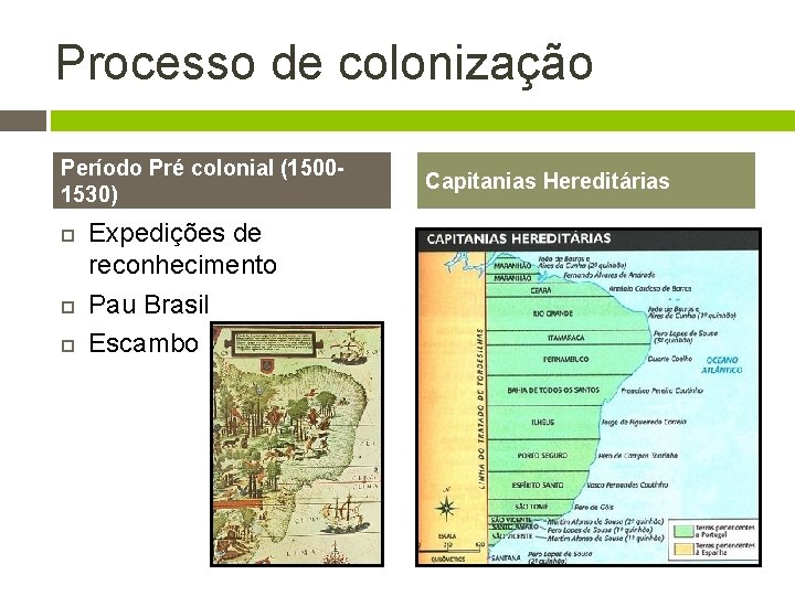 Processo de colonização Período Pré colonial (15001530) Expedições de reconhecimento Pau Brasil Escambo Capitanias