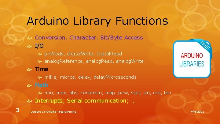 Arduino Library Functions Conversion, Character, Bit/Byte Access I/O pin. Mode, digital. Write, digital. Read