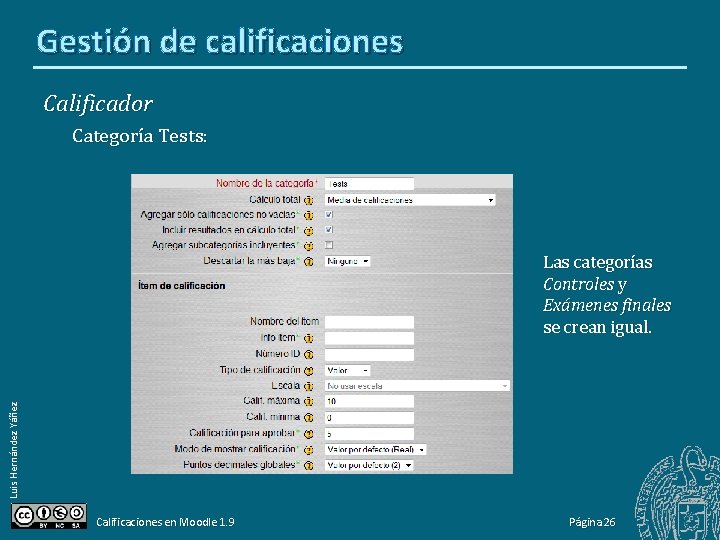 Gestión de calificaciones Calificador Categoría Tests: Luis Hernández Yáñez Las categorías Controles y Exámenes