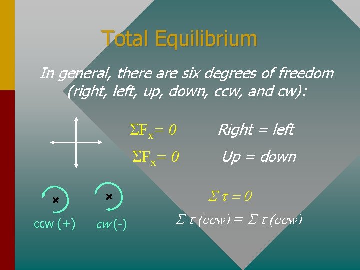 Total Equilibrium In general, there are six degrees of freedom (right, left, up, down,