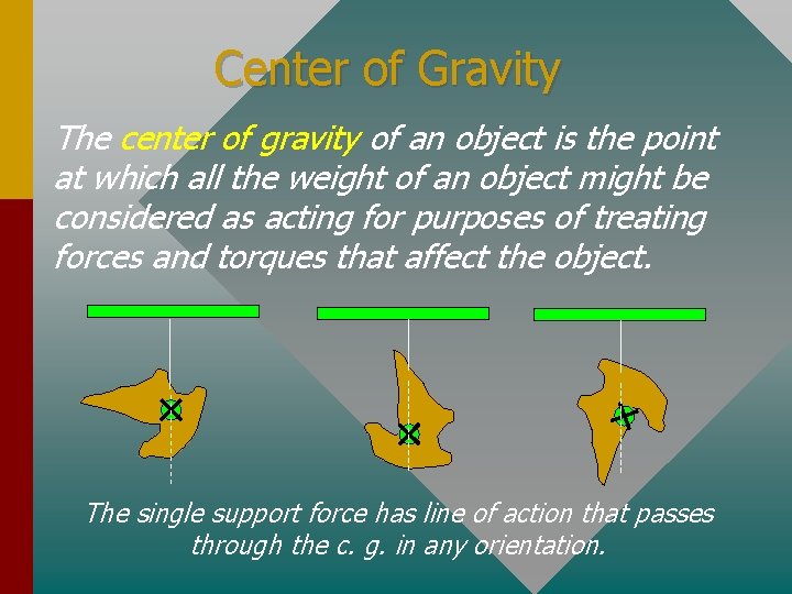 Center of Gravity The center of gravity of an object is the point at
