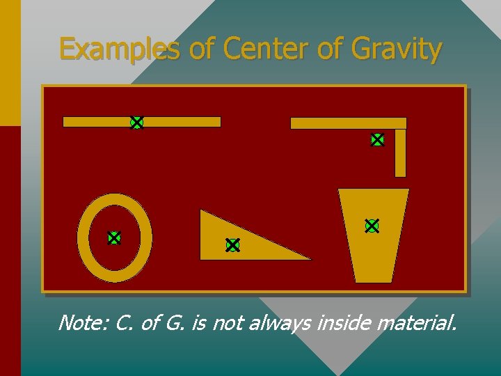 Examples of Center of Gravity Note: C. of G. is not always inside material.