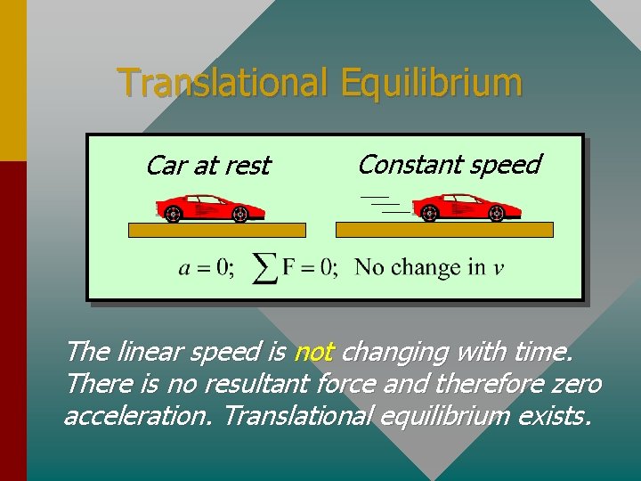 Translational Equilibrium Car at rest Constant speed The linear speed is not changing with