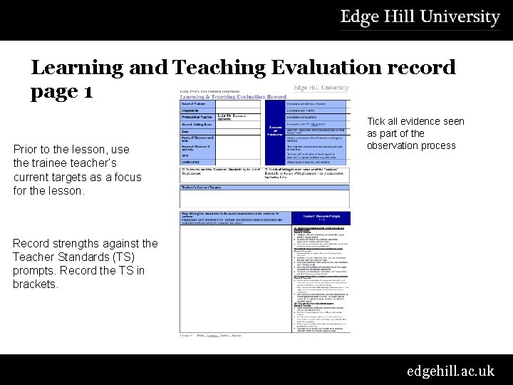 Learning and Teaching Evaluation record page 1 Prior to the lesson, use the trainee