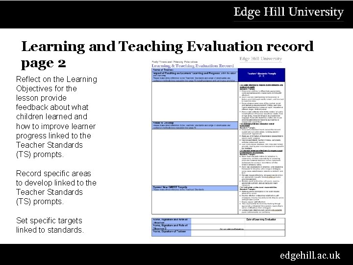 Learning and Teaching Evaluation record page 2 Reflect on the Learning Objectives for the