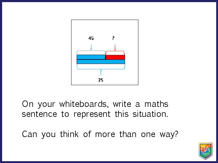 On your whiteboards, write a maths sentence to represent this situation. Can you think