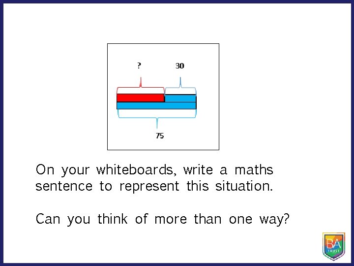 On your whiteboards, write a maths sentence to represent this situation. Can you think