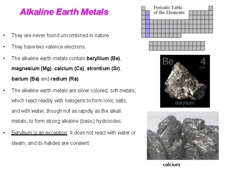 Alkaline Earth Metals • They are never found uncombined in nature. • They have