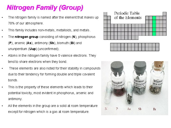 Nitrogen Family (Group) • The nitrogen family is named after the element that makes