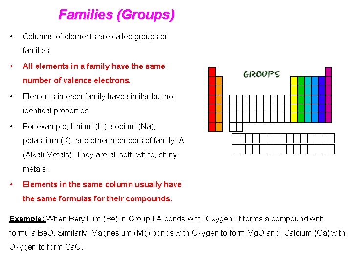 Families (Groups) • Columns of elements are called groups or families. • All elements